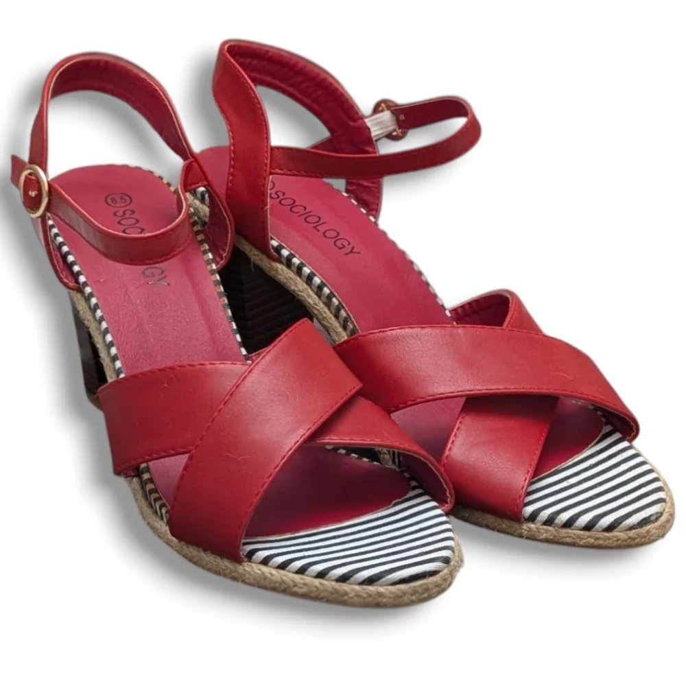 Sociology Women's Block-Heel Strappy Sandals Red Size 8.5 - Picture 4 of 13